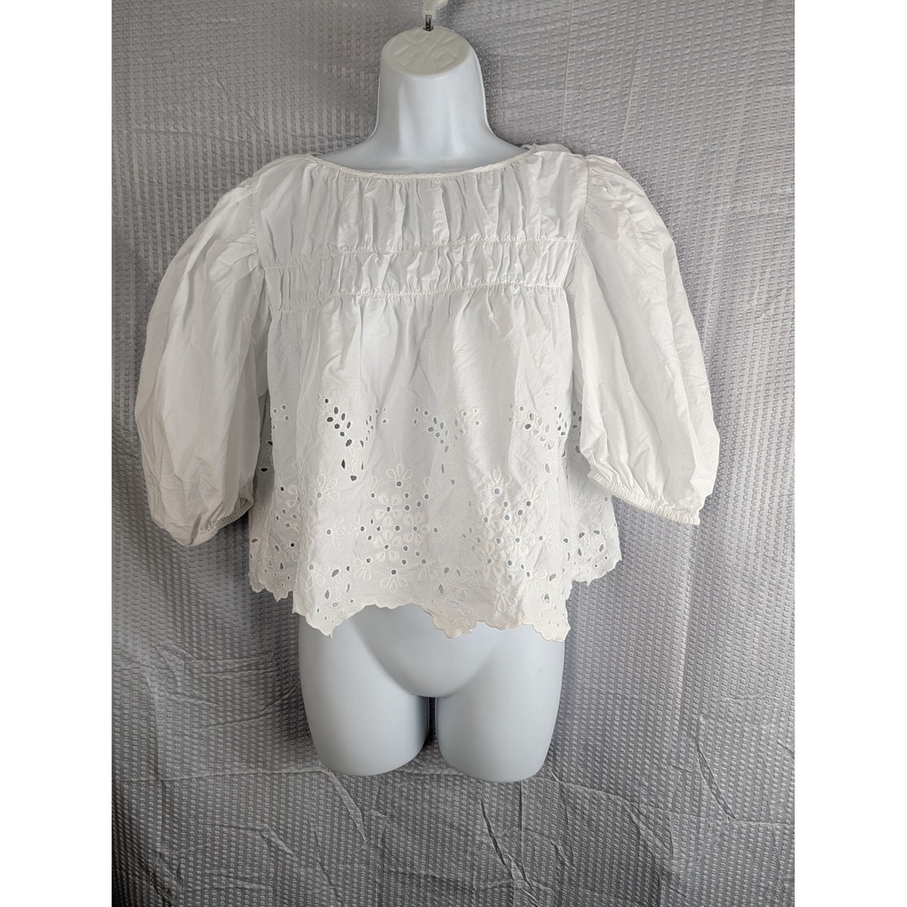 MNG Mango Women's Size XS White Eyelet Back Tie Balloon Sleeve Blouse Crop Top
